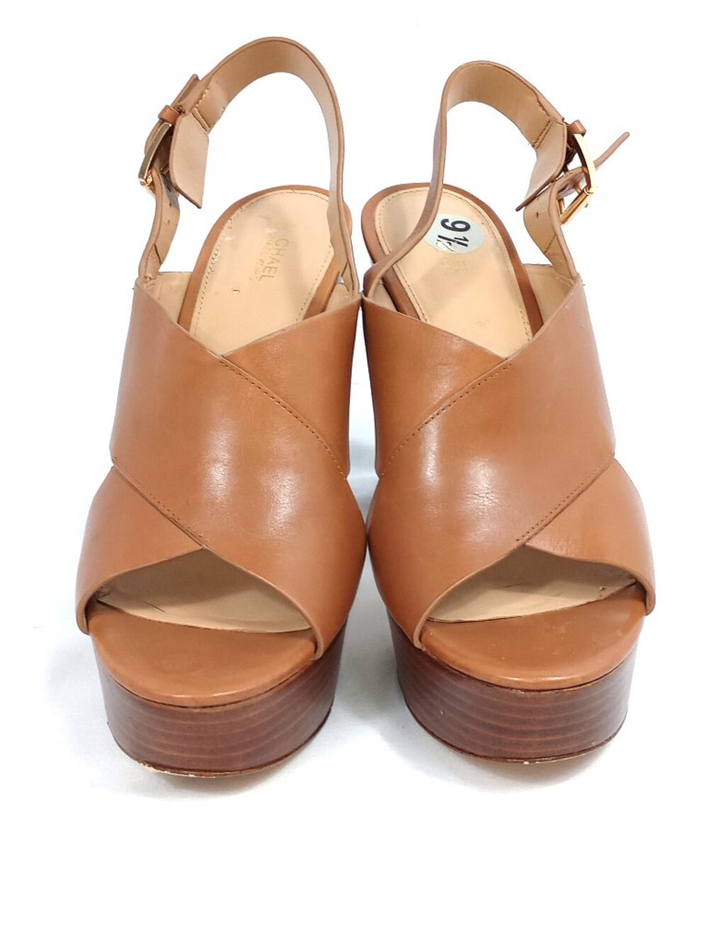 Michael Kors Platform Sandals Brown Leather Block Heel Size 9.5M